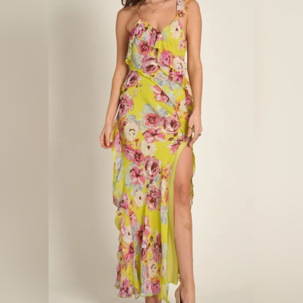 Floral One-Shoulder Maxi Dress in Bright Yellow/green Medium